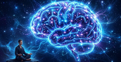 Illustrazione di una persona in meditazione accanto a un grande cervello luminoso composto da connessioni neurali, simbolo degli effetti della mindfulness sulla neuroplasticità cerebrale.