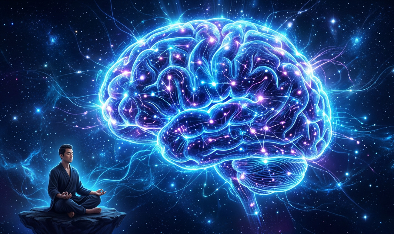 Illustrazione di una persona in meditazione accanto a un grande cervello luminoso composto da connessioni neurali, simbolo degli effetti della mindfulness sulla neuroplasticità cerebrale.