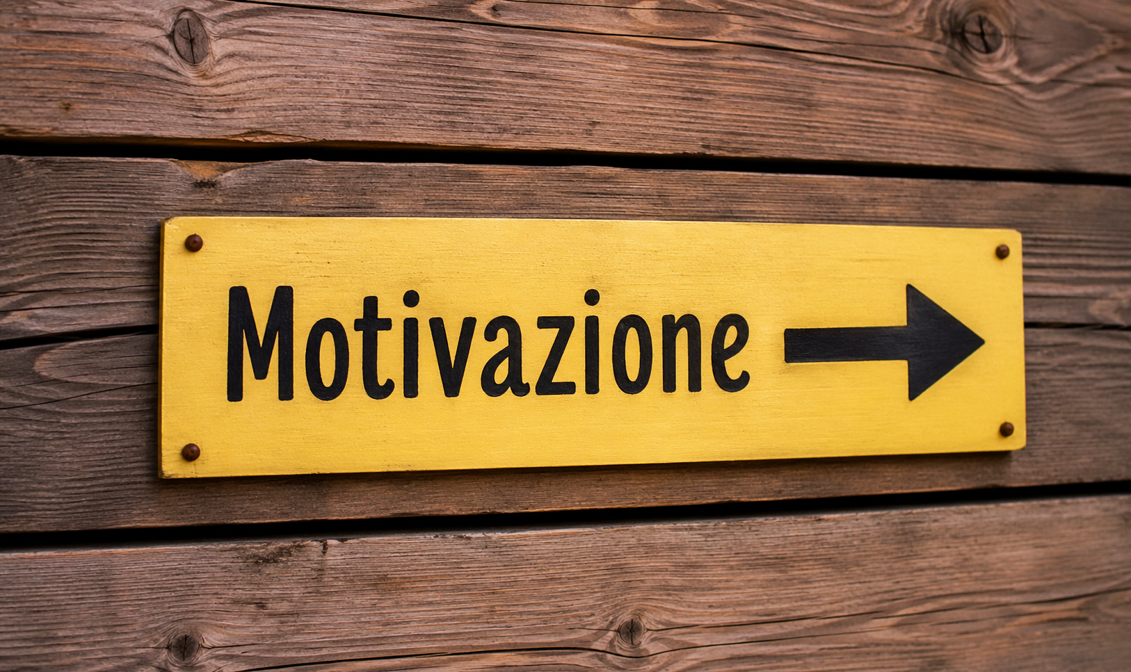 Cartello giallo con scritta Motivazione e freccia verso destra fissato su parete di assi in legno chiaro stile wengè