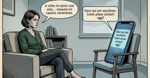 Illustrazione di una donna seduta in poltrona che esprime la propria solitudine e la sensazione di non essere compresa, mentre davanti a lei uno smartphone risponde con parole di ascolto e disponibilità, rappresentando il rapporto sempre più confidenziale tra persone e intelligenza artificiale.