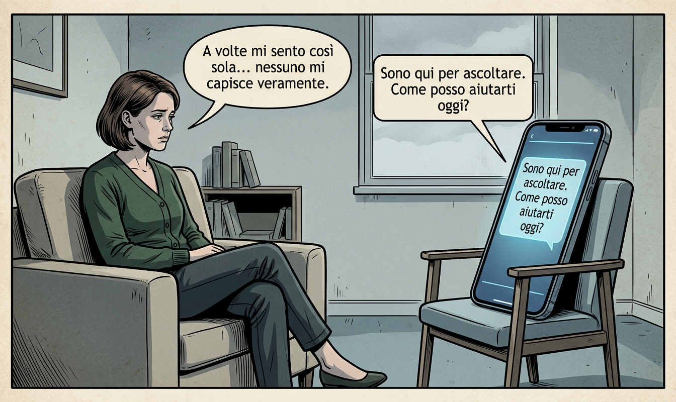Illustrazione di una donna seduta in poltrona che esprime la propria solitudine e la sensazione di non essere compresa, mentre davanti a lei uno smartphone risponde con parole di ascolto e disponibilità, rappresentando il rapporto sempre più confidenziale tra persone e intelligenza artificiale.