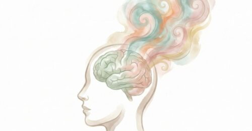 Profilo umano stilizzato con cervello visibile da cui emergono onde artistiche di colore pastello