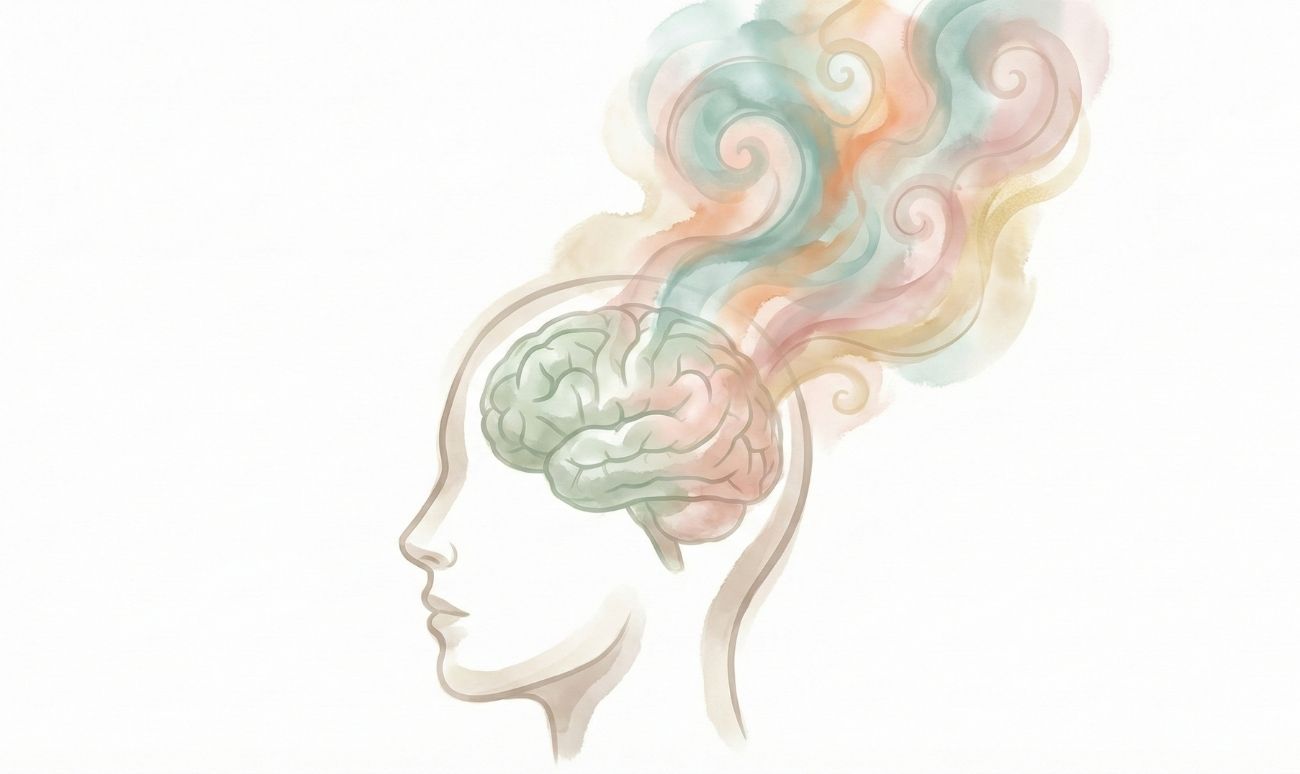 Profilo umano stilizzato con cervello visibile da cui emergono onde artistiche di colore pastello