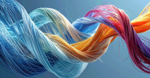 Fili colorati a spirale blu, giallo, rosa e viola su sfondo azzurro cielo, rappresentazione visiva della flessibilità mentale e dell’adattamento psicologico.