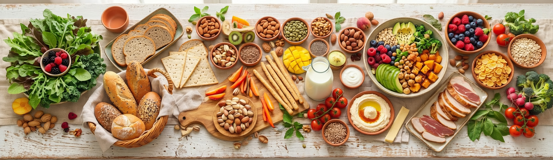 Ampia varietà di alimenti sani disposti su una tavola: frutta, verdura, cereali, legumi, frutta secca e altri cibi utilizzati in un percorso di Mindful Eating.